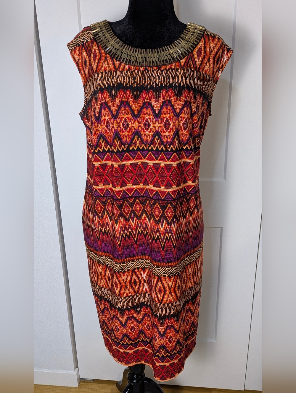 Studio One Midi Dress Rust Red Mixed Print Sz 1X Metallic embellished neck Boho
